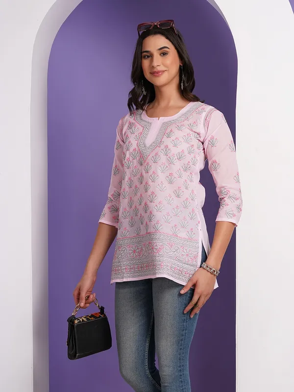 Baby_Pink_Hand_Embroidered_Chikan_Cotton_Top_With_Contrast_Thread_Work