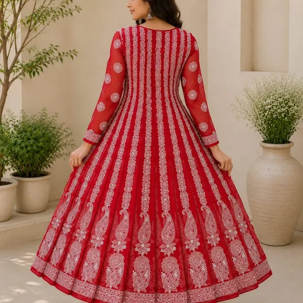 Crimson_Red_Hand_Embroidered_Chikan_Chiffon_Anarkali_With_56Gores