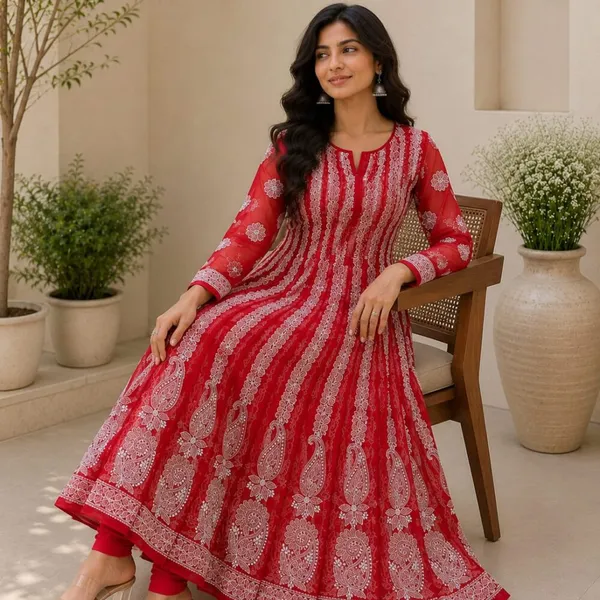 Crimson_Red_Hand_Embroidered_Chikan_Chiffon_Anarkali_With_56Gores