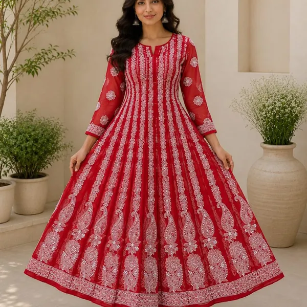 Crimson_Red_Hand_Embroidered_Chikan_Chiffon_Anarkali_With_56Gores