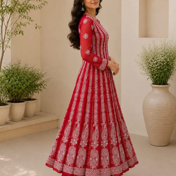 Crimson_Red_Hand_Embroidered_Chikan_Chiffon_Anarkali_With_56Gores