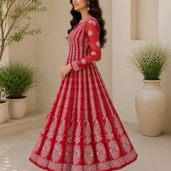 Crimson_Red_Hand_Embroidered_Chikan_Chiffon_Anarkali_With_56Gores