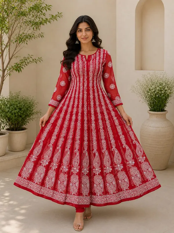 Crimson_Red_Hand_Embroidered_Chikan_Chiffon_Anarkali_With_56Gores