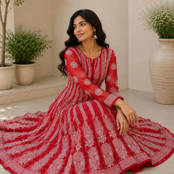 Crimson_Red_Hand_Embroidered_Chikan_Chiffon_Anarkali_With_56Gores