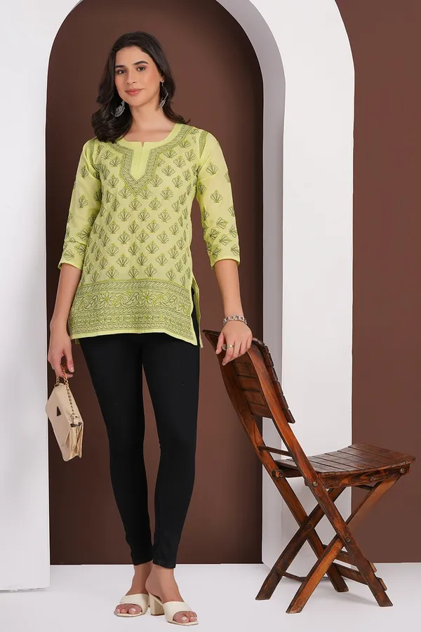Pistachio_Green_Hand_Embroidered_Chikan_Cotton_Top_With_Contrast_Thread_Work