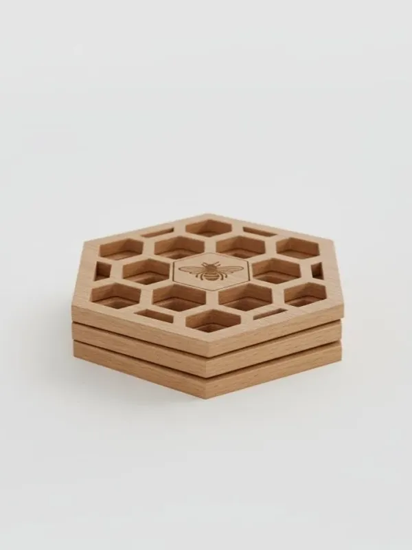 Bee_Honeycomb_Coaster_Set_Light_Wood_Finish_Mdf_4_Piece_Pack