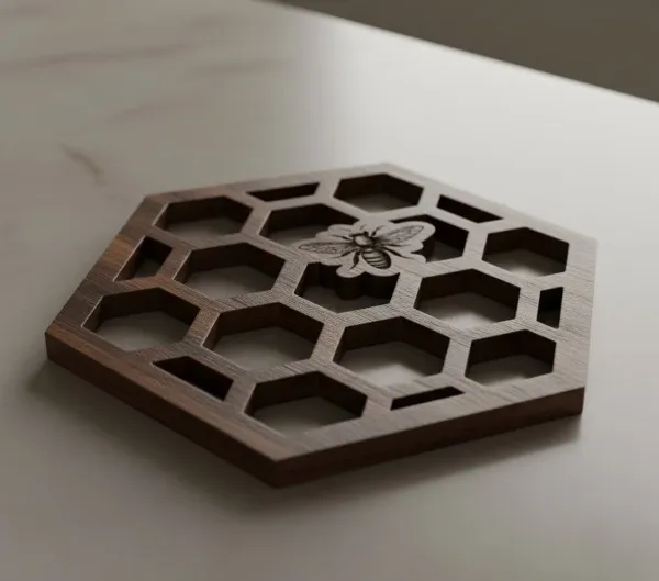 Honeycomb_Mdf_Coaster_Set_With_Engraved_Bee_Dark_Wood_Finish_4_Inch_Set_Of_4