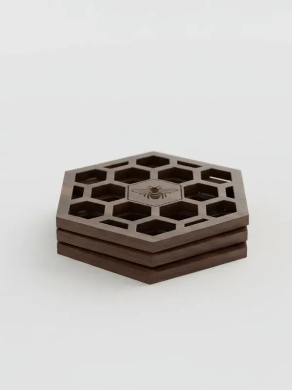 Honeycomb_Mdf_Coaster_Set_With_Engraved_Bee_Dark_Wood_Finish_4_Inch_Set_Of_4