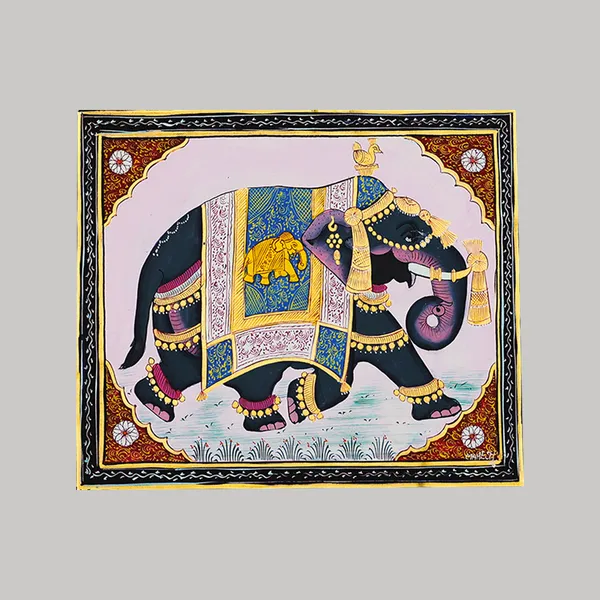 Rajasthani_Miniature_Painting_Handcrafted_By_Mahesh_Vishnoi_Elephant_Pink_Background