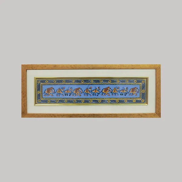 Miniature_Painting_Framed_Camel_Horse_Elephant_Blue_Background_Right_Facing