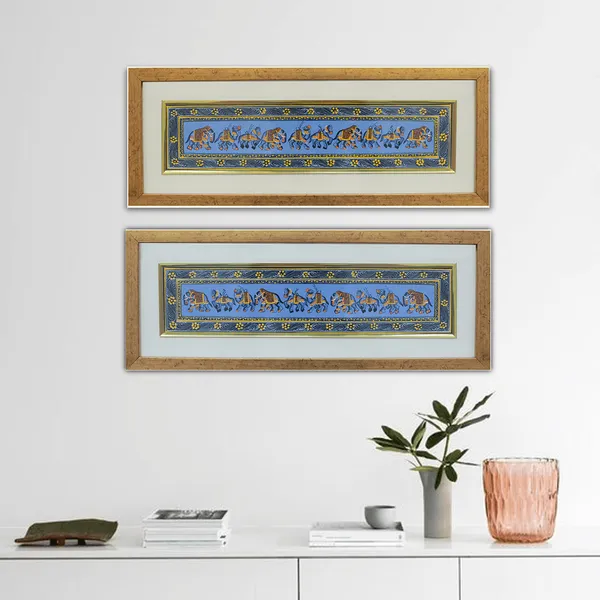 Miniature_Painting_Framed_Camel_Horse_Elephant_Blue_Background_Right_Facing