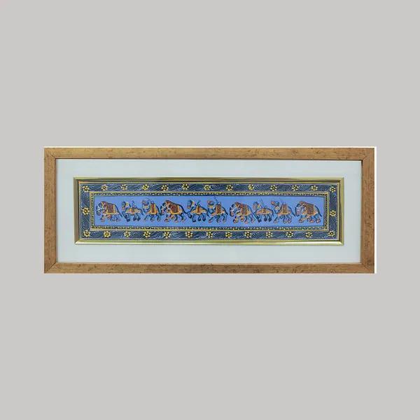 Miniature_Painting_Framed_Camel_Horse_Elephant_Blue_Background_Left_Facing