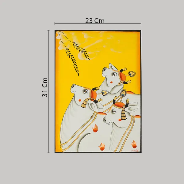 Pichwai_Painting_By_Mahesh_Vishnoi_Three_Cows_Yellow_Background