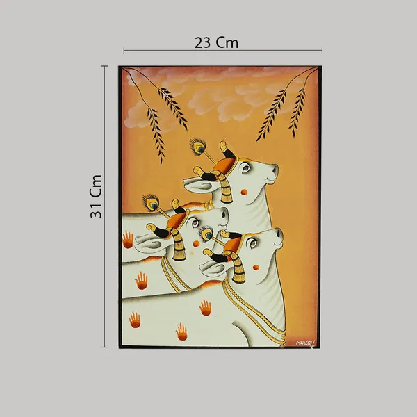 Pichwai_Painting_By_Mahesh_Vishnoi_Three_Cows_Peach_Background