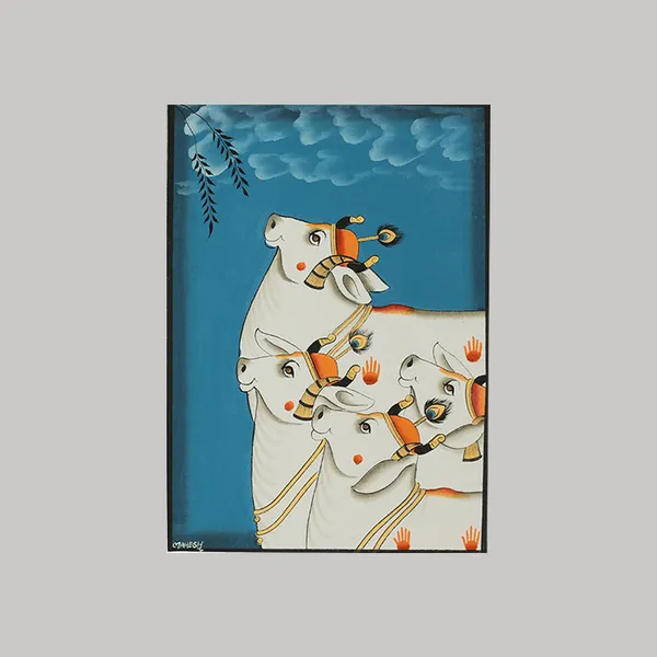 Pichwai_Painting_By_Mahesh_Vishnoi_Four_Cows_Blue_Background
