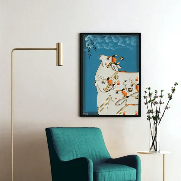 Pichwai_Painting_By_Mahesh_Vishnoi_Four_Cows_Blue_Background