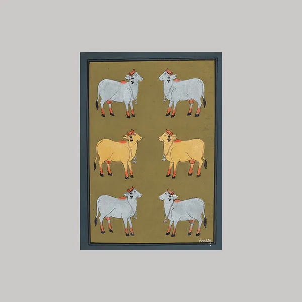Pichwai_Painting_By_Mahesh_Vishnoi_Six_Cows_Green_Background