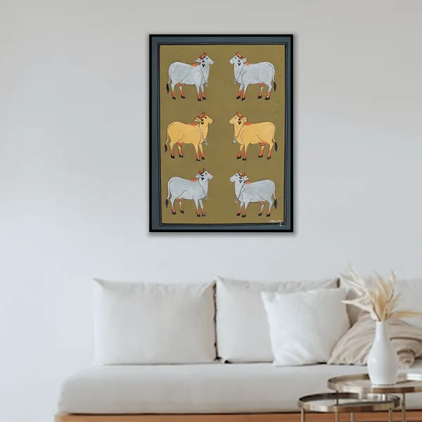 Pichwai_Painting_By_Mahesh_Vishnoi_Six_Cows_Green_Background