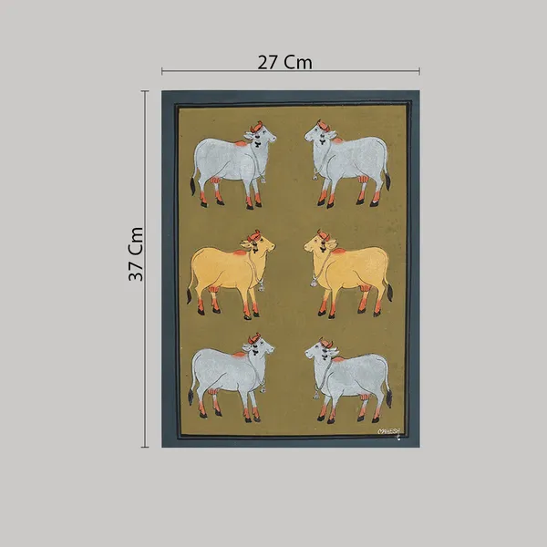 Pichwai_Painting_By_Mahesh_Vishnoi_Six_Cows_Green_Background