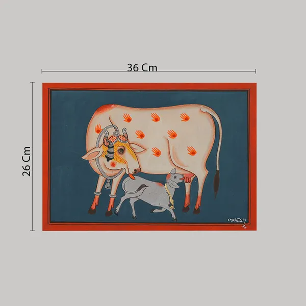 Pichwai_Painting_By_Mahesh_Vishnoi_Cow_And_Calf_Grey_Blue_Background