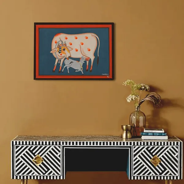 Pichwai_Painting_By_Mahesh_Vishnoi_Cow_And_Calf_Grey_Blue_Background