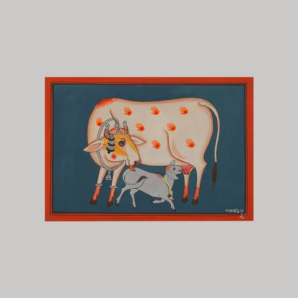 Pichwai_Painting_By_Mahesh_Vishnoi_Cow_And_Calf_Grey_Blue_Background