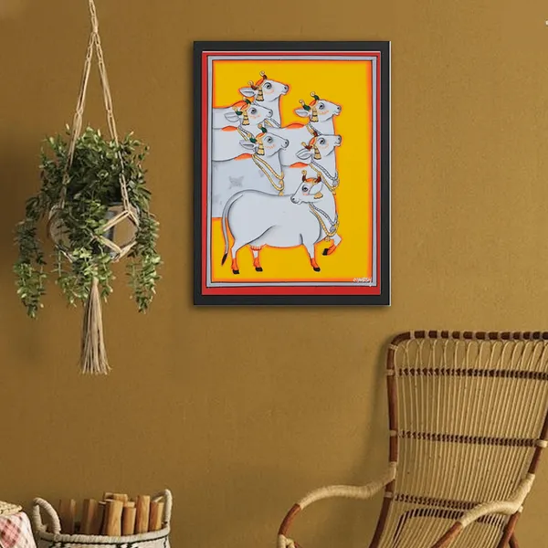 Pichwai_Painting_By_Mahesh_Vishnoi_Six_Cows_Yellow_Background