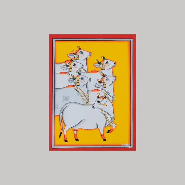 Pichwai_Painting_By_Mahesh_Vishnoi_Six_Cows_Yellow_Background