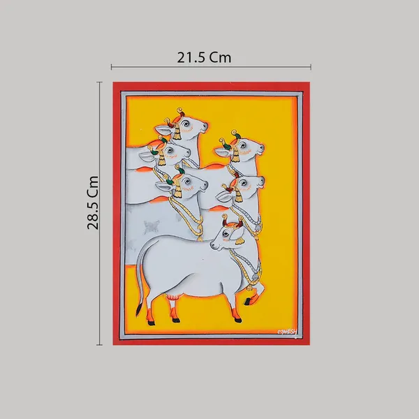Pichwai_Painting_By_Mahesh_Vishnoi_Six_Cows_Yellow_Background