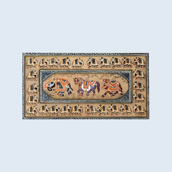 Miniature_Painting_Elephant_Camel_Horse_Left_Facing_White_Border_Brown_Background