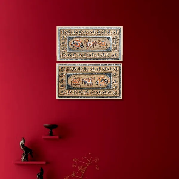 Miniature_Painting_Elephant_Camel_Horse_Left_Facing_White_Border_Brown_Background
