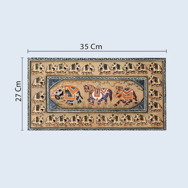 Miniature_Painting_Elephant_Camel_Horse_Left_Facing_White_Border_Brown_Background