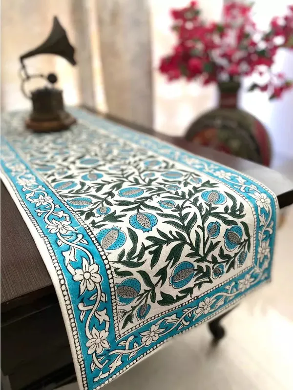 Hand_Blockprinted_Table_Runner_Teal_Color_Pomegranate_Design