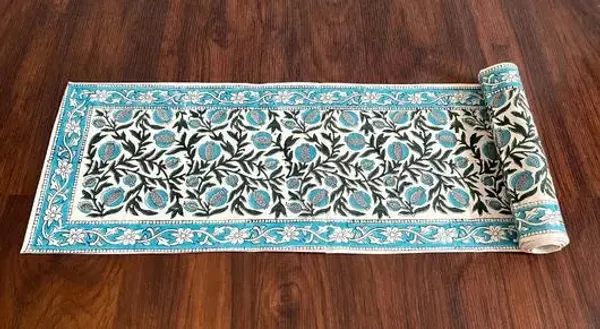 Hand_Blockprinted_Table_Runner_Teal_Color_Pomegranate_Design