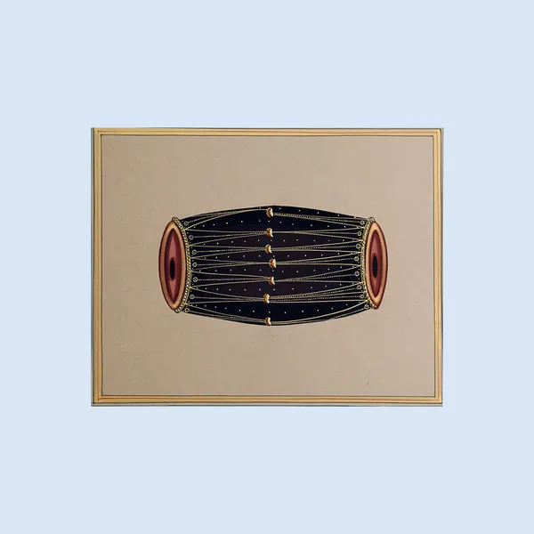 Rajasthani_Miniature_Handmade_Painting_Indian_Musical_Instrument_Dholak_White_Border_Brown_Background