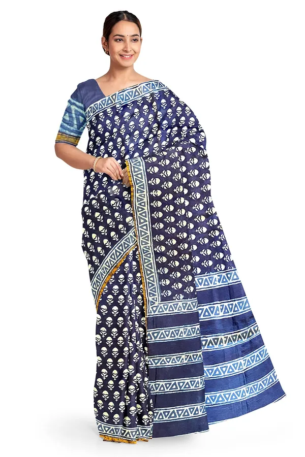 Hand_Blockprinted_Chanderi_Silk_Saree_Indigo
