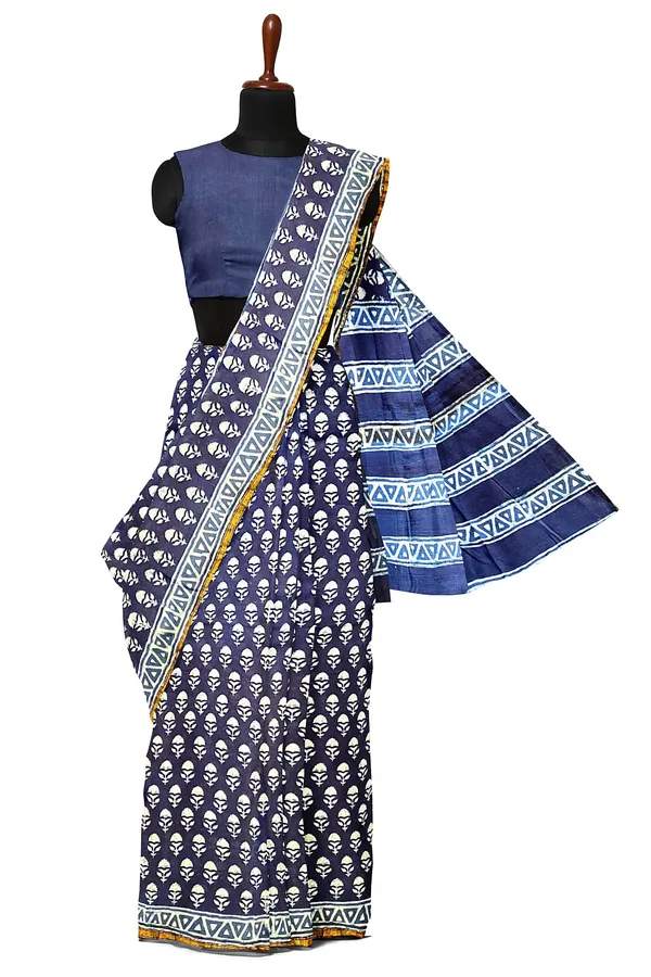 Hand_Blockprinted_Chanderi_Silk_Saree_Indigo