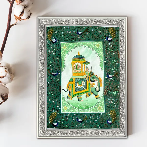Rajasthani_Handmade_Miniature_Painting_Elephant_Sawari_Green_Colour_With_Detailed_Border