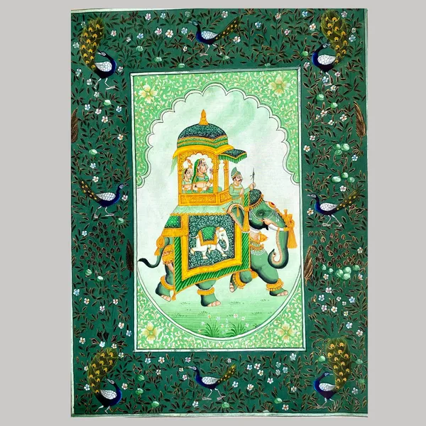 Rajasthani_Handmade_Miniature_Painting_Elephant_Sawari_Green_Colour_With_Detailed_Border