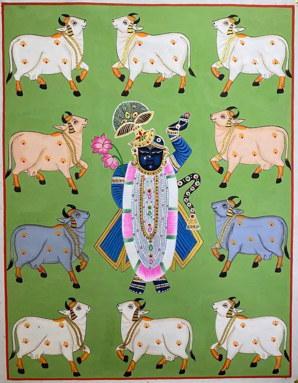 Rajasthani_Pichwai_Painting_Shrinathji_With_Cows_Kamdhenu_Nathdwara_Green_Background