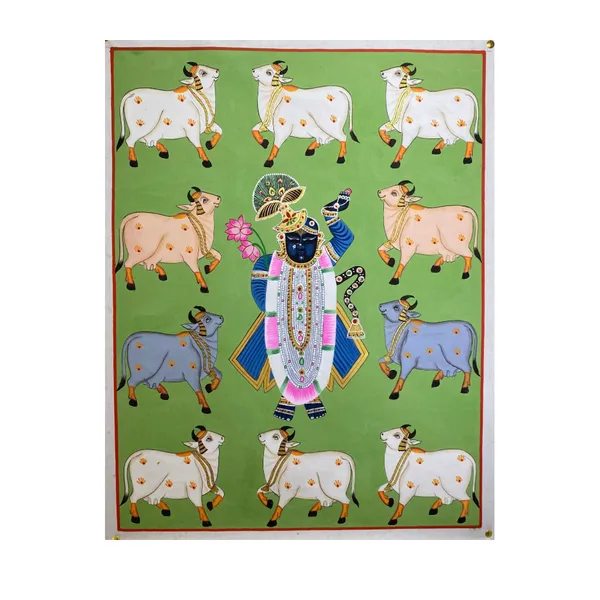 Rajasthani_Pichwai_Painting_Shrinathji_With_Cows_Kamdhenu_Nathdwara_Green_Background