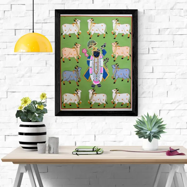 Rajasthani_Pichwai_Painting_Shrinathji_With_Cows_Kamdhenu_Nathdwara_Green_Background