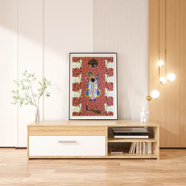 Rajasthani_Pichwai_Painting_Shrinathji_With_Cows_Kamdhenu_Nathdwara_Peach_Background