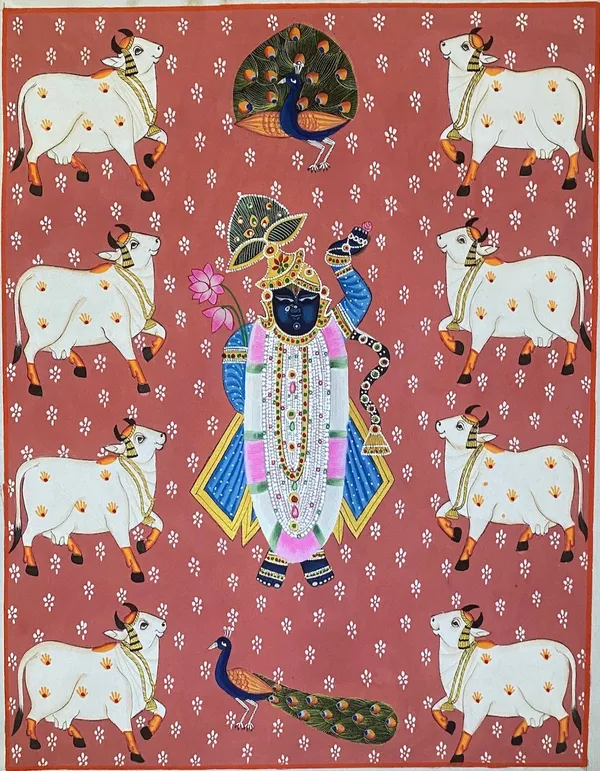 Rajasthani_Pichwai_Painting_Shrinathji_With_Cows_Kamdhenu_Nathdwara_Peach_Background