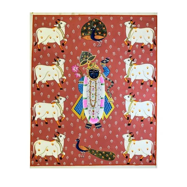 Rajasthani_Pichwai_Painting_Shrinathji_With_Cows_Kamdhenu_Nathdwara_Peach_Background