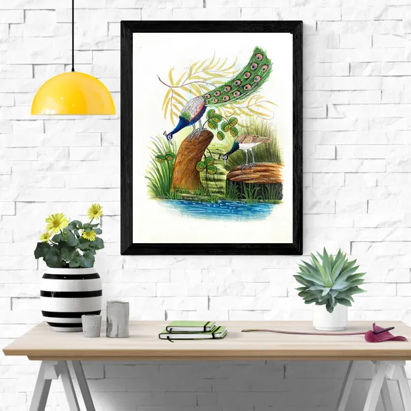 Handmade_Bird_Painting_Peacock_Peahen_White_Border_White_Background