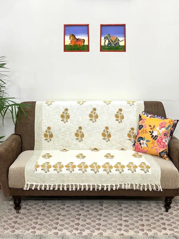 Hand_Blockprinted_Cotton_Sofa_Throws_Mustard_Yellow_Floral