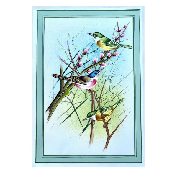 Handmade_Bird_Painting_Three_Colorful_Birds_Green_Border_White_Background