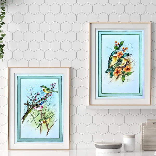 Handmade_Bird_Painting_Three_Colorful_Birds_Green_Border_White_Background