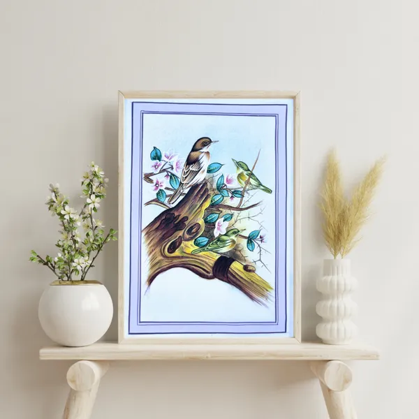 Handmade_Bird_Painting_Three_Birds_On_A_Tree_Branch_Violet_Border_White_Background